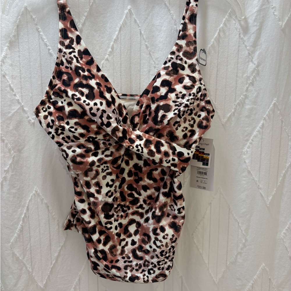 Time and Tru Brown and Black Leopard Print Swim Top with Sweetheart Neckline